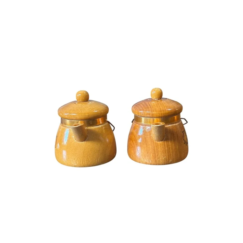Vintage Wooden Tea Kettle Salt and Pepper Shakers Set Rustic Farmhouse Decor